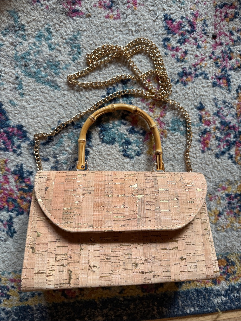 Cork Top-Handle Crossbody Bag with Bamboo Handle - cork & gold